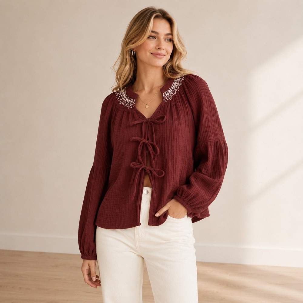 Universal Thread Burgundy Cotton Gauze Tie-Front Smocked Boho Blouse Medium NWT